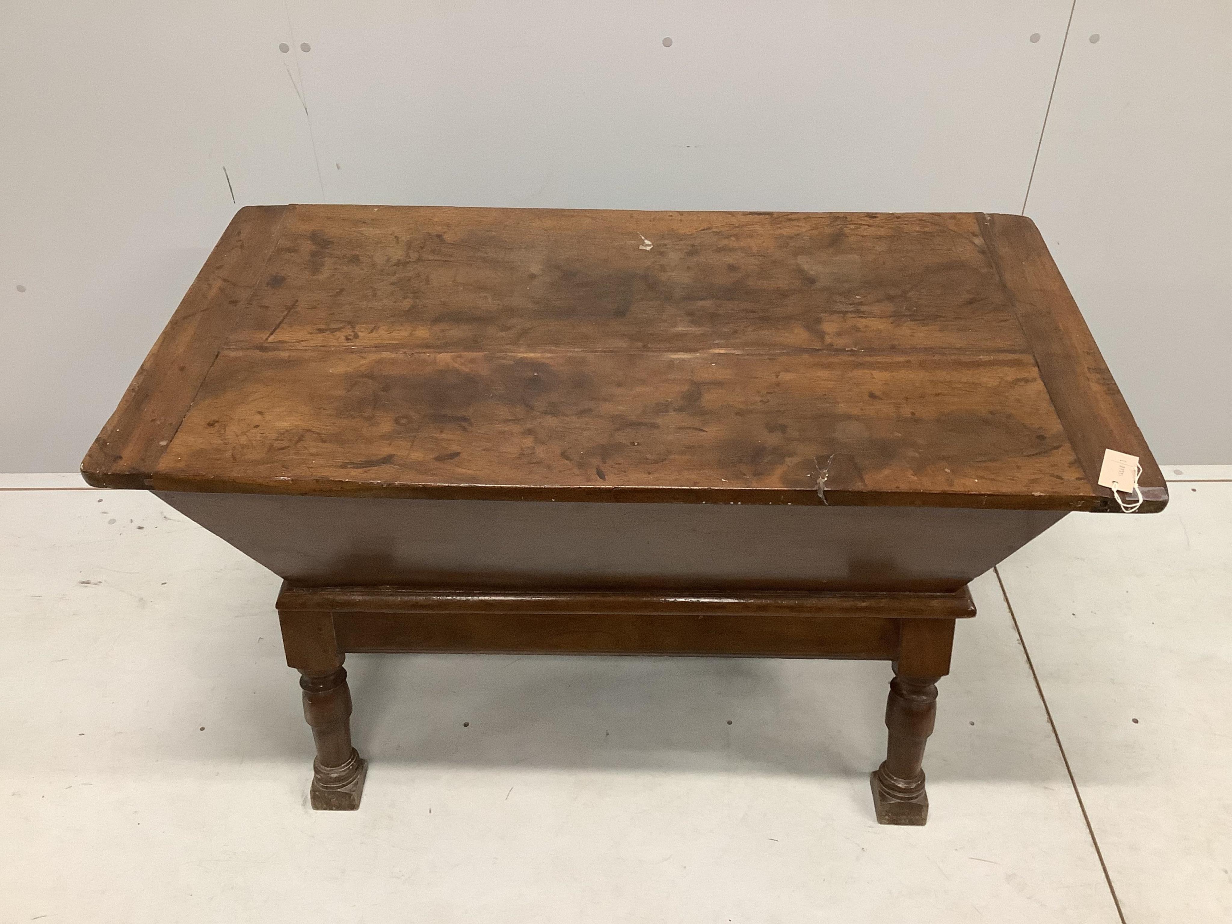 A 19th century French fruitwood dough bin, width 122cm, depth 63cm, height 71cm. Condition - fair